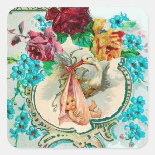 Sticker Carré Baby shower FLORAL BLUE STORK FILLE ET ROSES