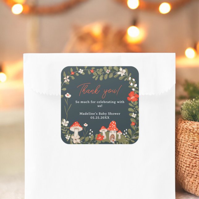 Sticker Carré Baby shower floral de champignons de bois (Whimsical woodland mushrooms floral baby shower square sticker)