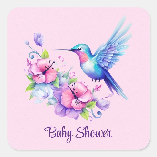 Sticker Carré Baby shower floral de colibri rose et pourpre (Devant)