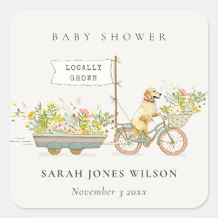 Sticker Carré Baby shower Floral Golden Retriever cultivé locale