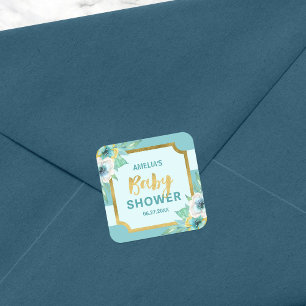 Sticker Carré Baby shower Floral Mint et Faux Gold