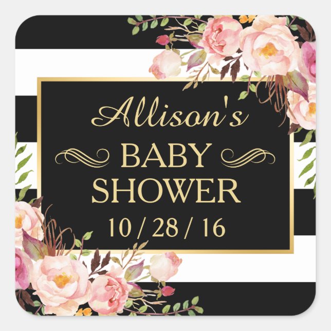 Sticker Carré Baby shower Floral noir blanc rayé Or Frame (Devant)