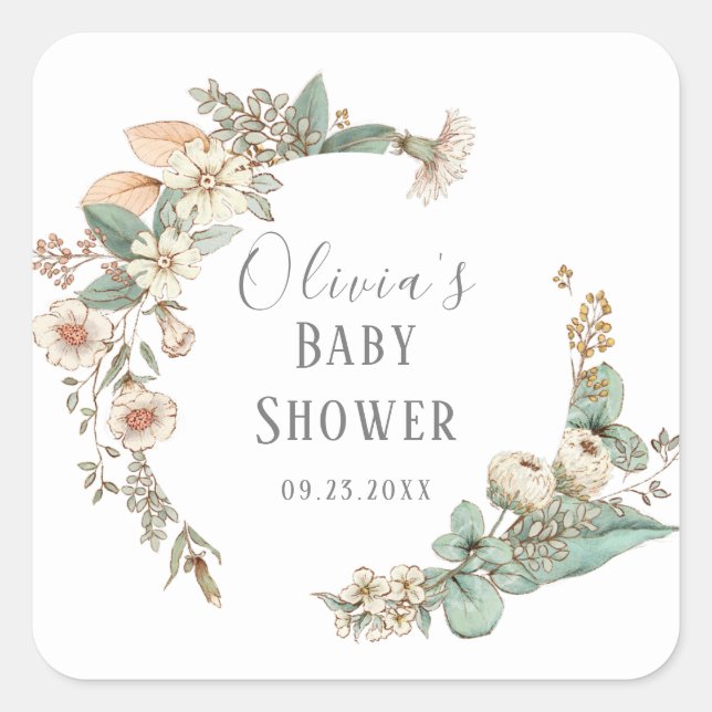 Sticker Carré Baby shower Floral personnalisé (Devant)