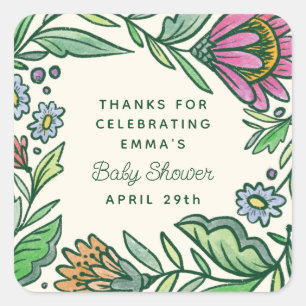 Sticker Carré Baby Shower Floral Populaire Scandinave Artistique