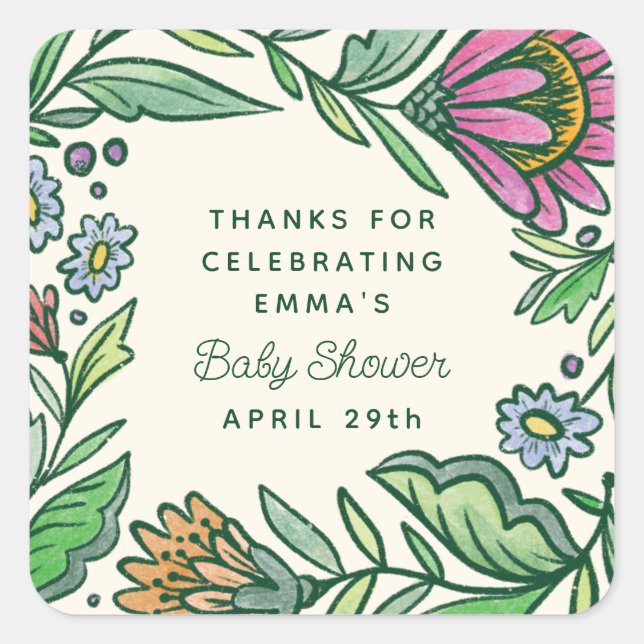 Sticker Carré Baby Shower Floral Populaire Scandinave Artistique (Devant)