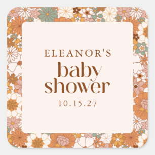 Sticker Carré Baby shower floral Retro Earthy Boho personnalisé