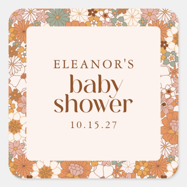 Sticker Carré Baby shower floral Retro Earthy Boho personnalisé (Devant)