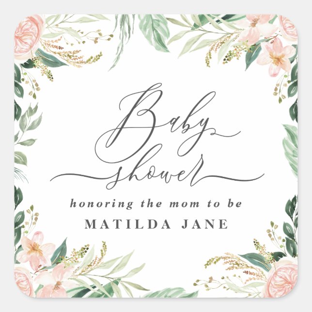 Sticker Carré Baby shower floral rose pâle (Devant)