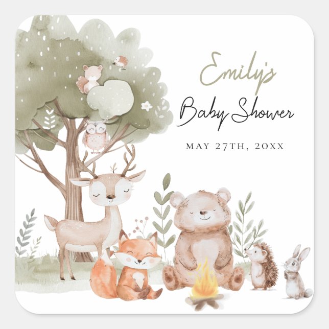 Sticker Carré Baby shower forestier (Devant)