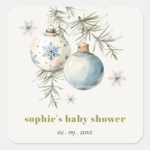 Sticker Carré Baby shower Garçon de Noël Bleu Minimal d'hiver
