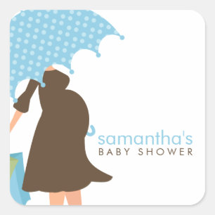 Sticker Carré Baby shower Garçon Maman Parapluie Bleu