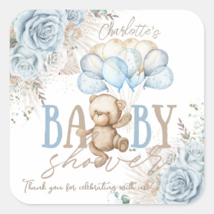 Sticker Carré Baby Shower Garçon Ours en Peluche Bleu Bohème Flo
