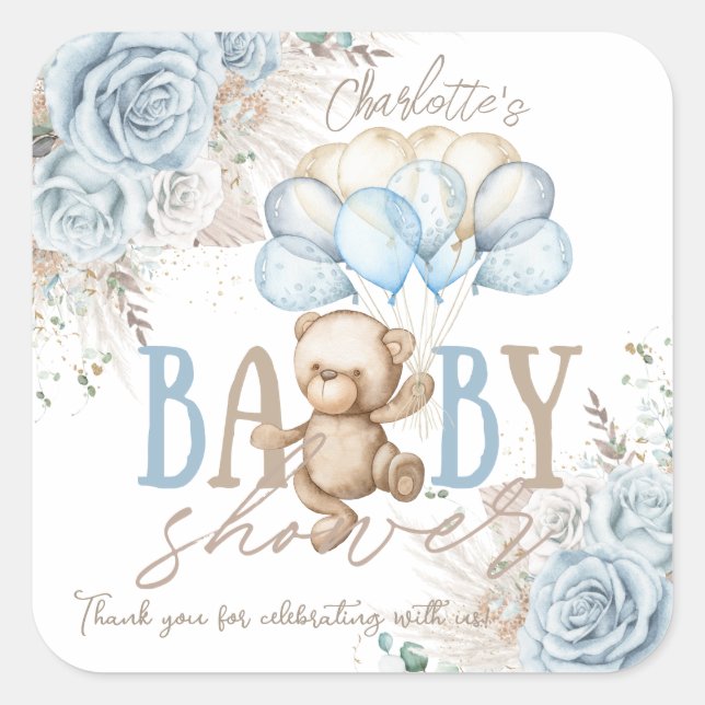 Sticker Carré Baby Shower Garçon Ours en Peluche Fleurs Pampas B (Devant)