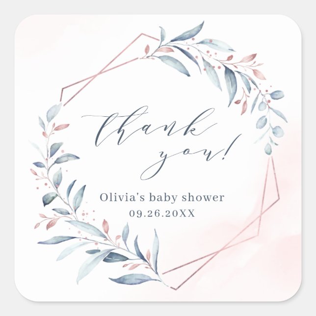 Sticker Carré Baby shower géométrique rose Gold Blue Greenery (Devant)