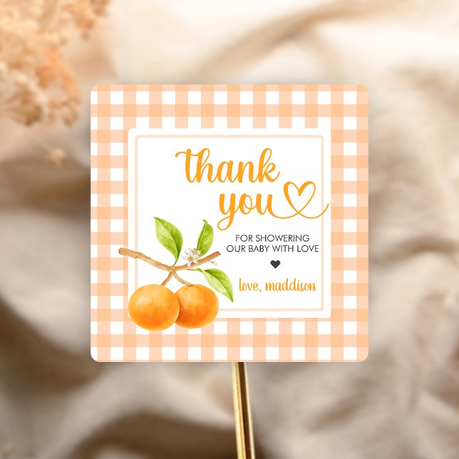 Sticker Carré Baby-Shower Gingham Orange (Little Cutie Orange Baby Shower Sticker)
