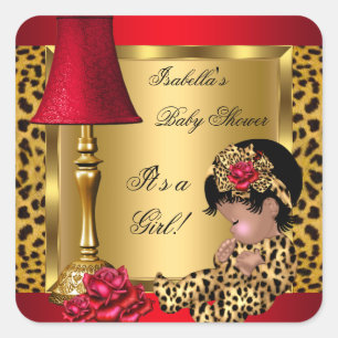 Sticker Carré Baby shower Girl Red Gold Roses Leopard AA
