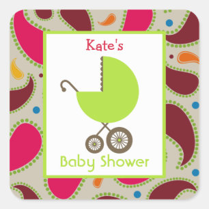 Sticker Carré Baby shower Green Carriage & Giraffe Imprimer