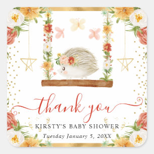Sticker Carré Baby Shower Hérisson de la Forêt à l'Aquarelle