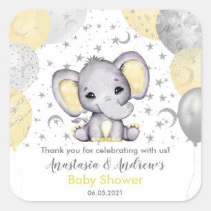Sticker Carré Baby shower jaune mignon Eléphant Ballons Carré S