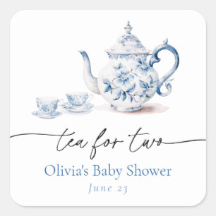 Sticker Carré Baby shower jumeau Blue Floral Tea Party