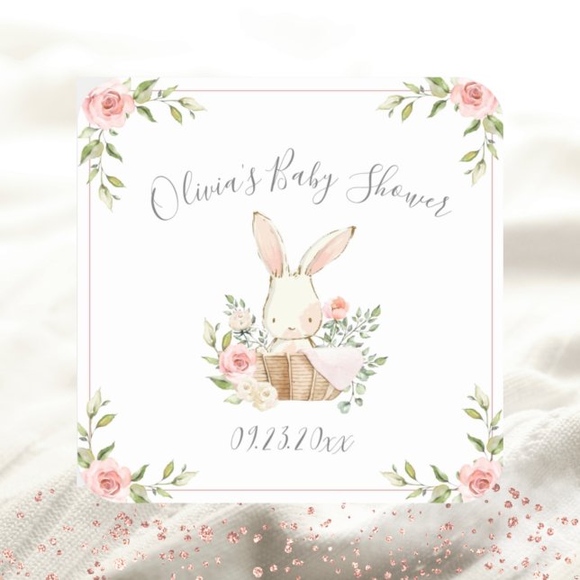 Sticker Carré Baby shower lapin de Pâques floral rose (Créateur téléchargé)