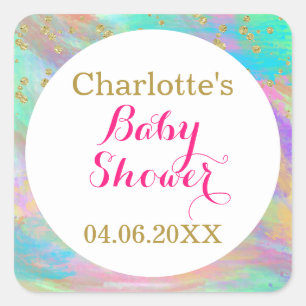 Sticker Carré Baby Shower Licorne Coloré Paillettes Dorées Fille