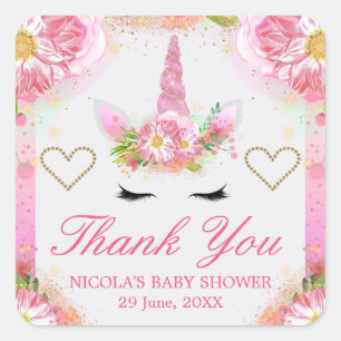 Sticker Carré Baby Shower Licorne Visage & Fleurs Roses Aquarell