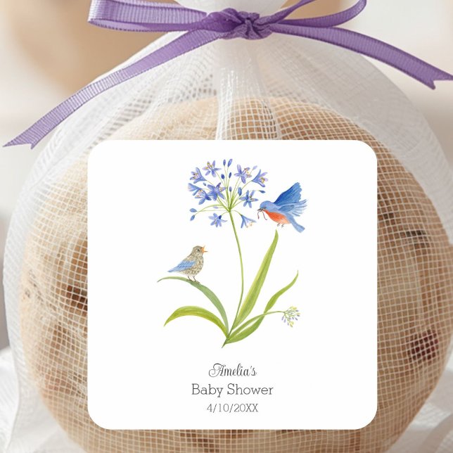 Sticker Carré Baby Shower Lily with Bluebird Mother and Baby (Créateur téléchargé)
