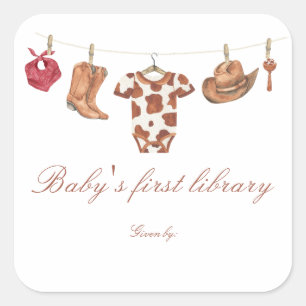 Sticker Carré Baby shower Little Cowboy - première bibliothèque