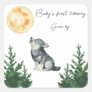 Sticker Carré Baby Shower Loup Bébé's première bibliothèque 