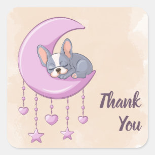Sticker Carré Baby shower lune rose chienne français mignon