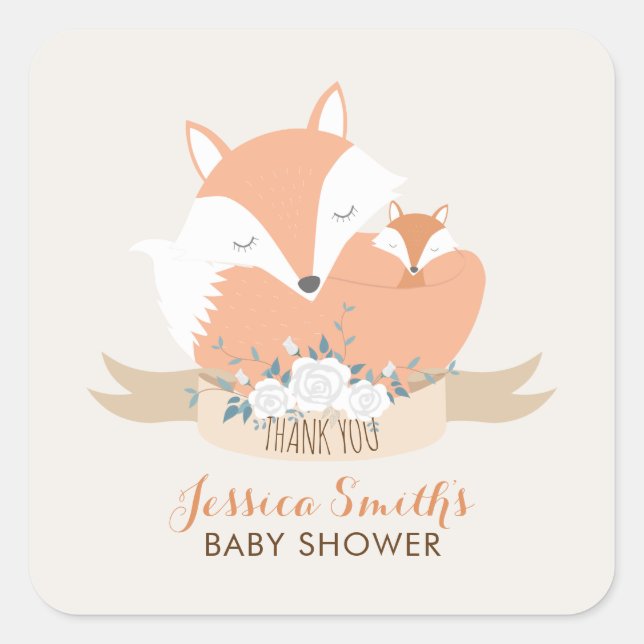 Sticker Carré Baby shower Maman et Baby Fox (Devant)