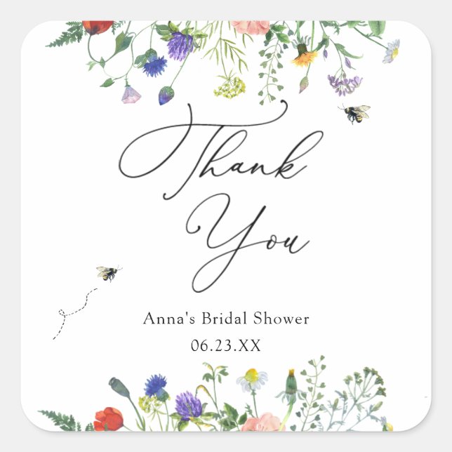 Sticker Carré Baby Shower Mariage Abeille Fleur Sauvage  (Devant)