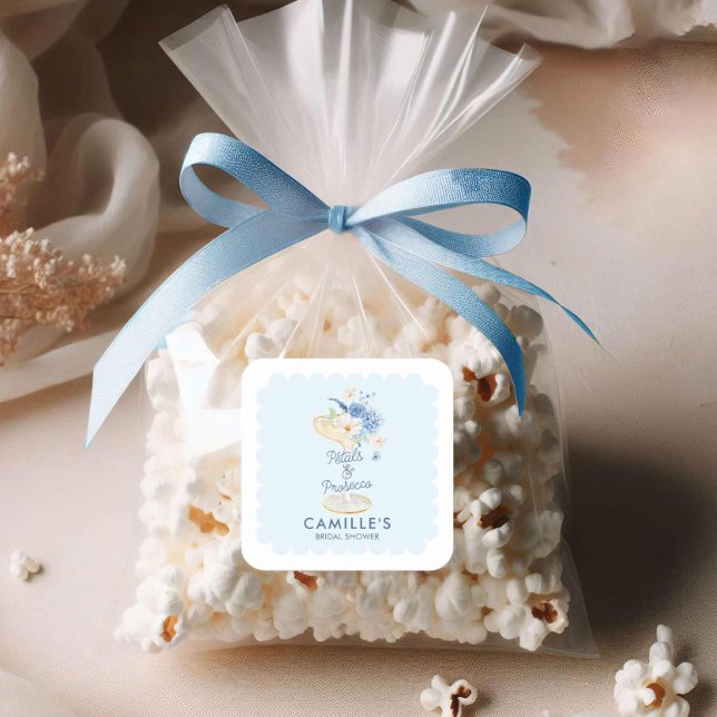 Sticker Carré Baby Shower Mariage Fleurs Bleues et Prosecco (Square Blue Petals and prosecco favor sticker)