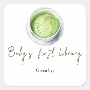 Sticker Carré Baby shower Matcha Latte - première bibliothèque p