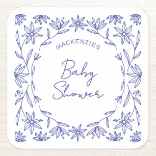 Sticker Carré Baby Shower Méditerranéen Fleur Sauvage Bleue