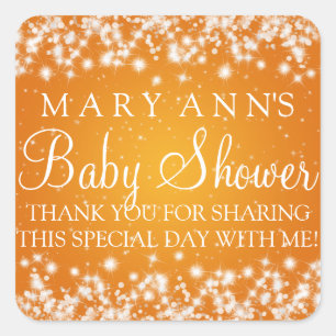 Sticker Carré Baby shower Merci Hiver Étincelle Orange