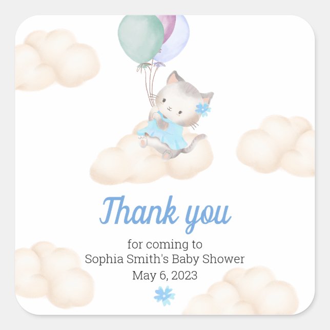 Sticker Carré Baby shower Merci Whimsical Flottant Kitten (Devant)
