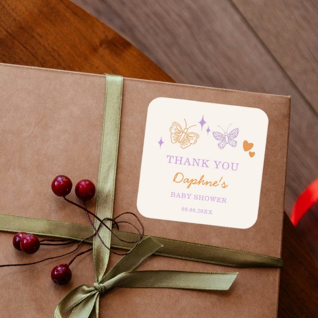 Sticker Carré Baby shower mignon à la lavande et aux papillons o (Créateur téléchargé)