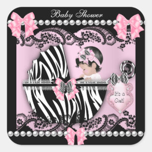 Sticker Carré Baby Shower Mignonne Bébé Fille Rose Zèbre Dentell