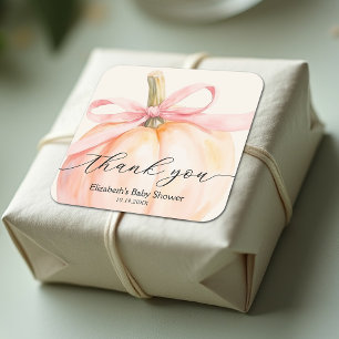 Sticker Carré Baby Shower Mini Citrouille Ruban Rose