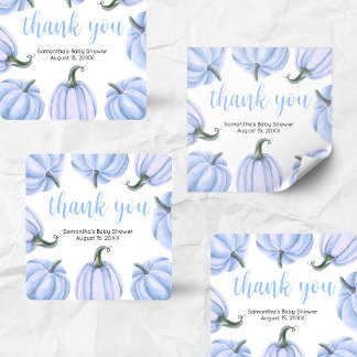Sticker Carré Baby Shower Minimaliste Citrouille Bleue d'Automne