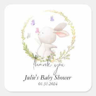 Sticker Carré Baby shower minimaliste de lapin et de papillons