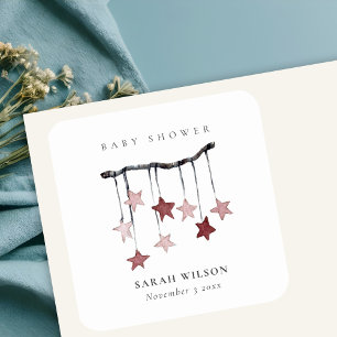 Sticker Carré Baby shower mobile Bleu Simple Rose Star