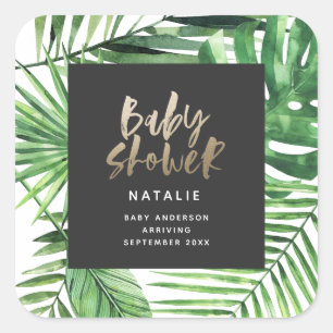 Sticker Carré Baby shower moderne de feuillage tropical d'or noi