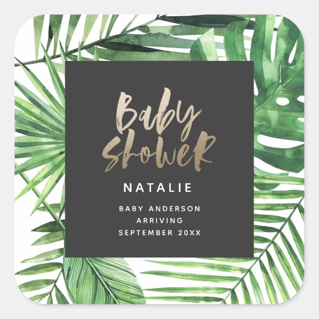 Sticker Carré Baby shower moderne de feuillage tropical d'or noi (Devant)