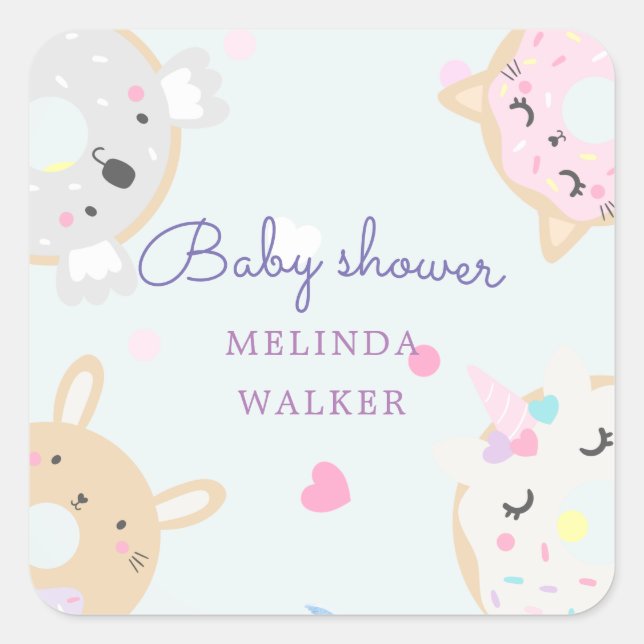 Sticker Carré baby shower monogramme de beignes animaux mignons (Devant)
