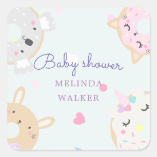 Sticker Carré baby shower monogramme de beignes animaux mignons