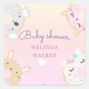 Sticker Carré baby shower monogramme de beignes animaux mignons