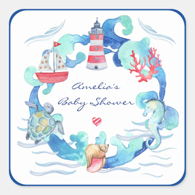 Sticker Carré Baby shower Nautique Neutre Sexe Aquarelle (Devant)